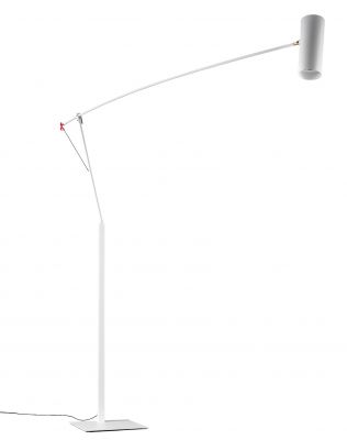 Weiße Ettorino Stehleuchte von Catellani & Smith: Moderne Stehlampe mit verstellbarem Arm und zylindrischem Lampenschirm.